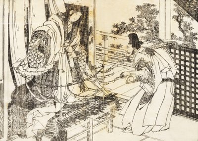 A Woman in Shinto Shrine Has a Stick with a Lot of Paper Leaves by Katsushika Hokusai